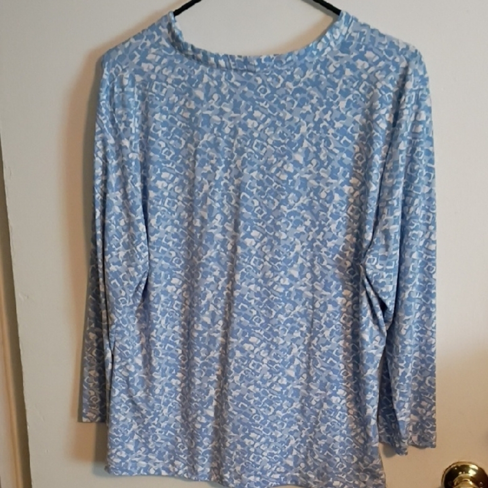 Ruby Rd. Light Blue‎ Patterned Blouse Long Sleeve With Rhinestone Embellishments - Picture 4 of 15